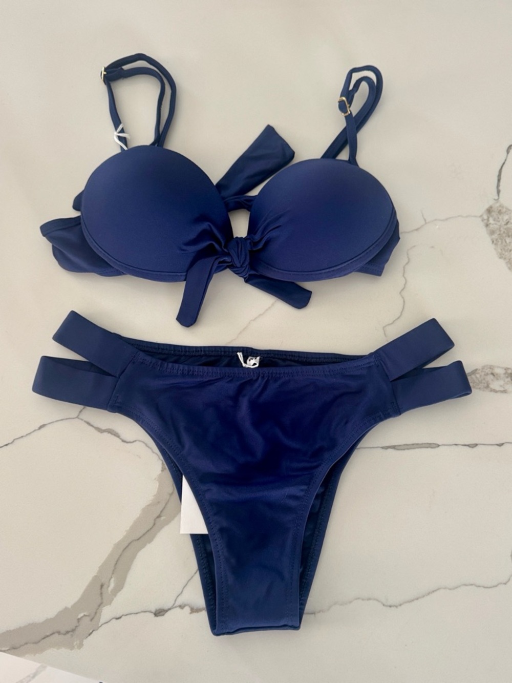 Navy Knot-Front Push-Up Bikini Set - Women Swim